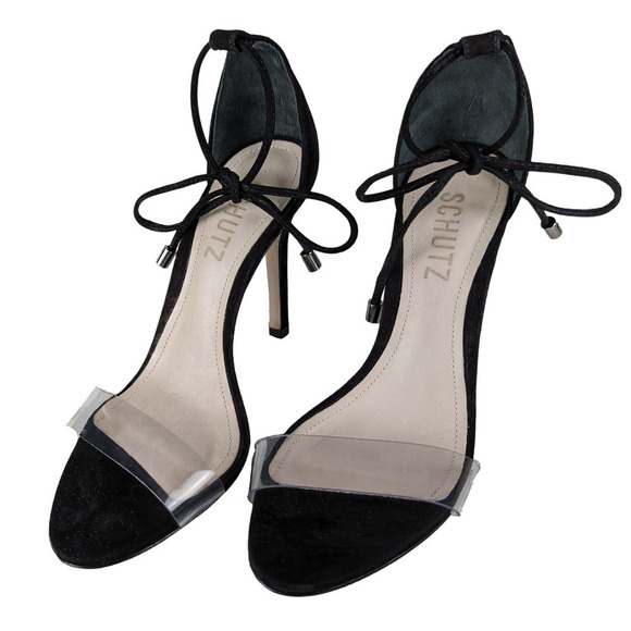 Schutz Black Suede Clear Strap Josseana Sandal Heels Size 5 - Picture 8 of 8